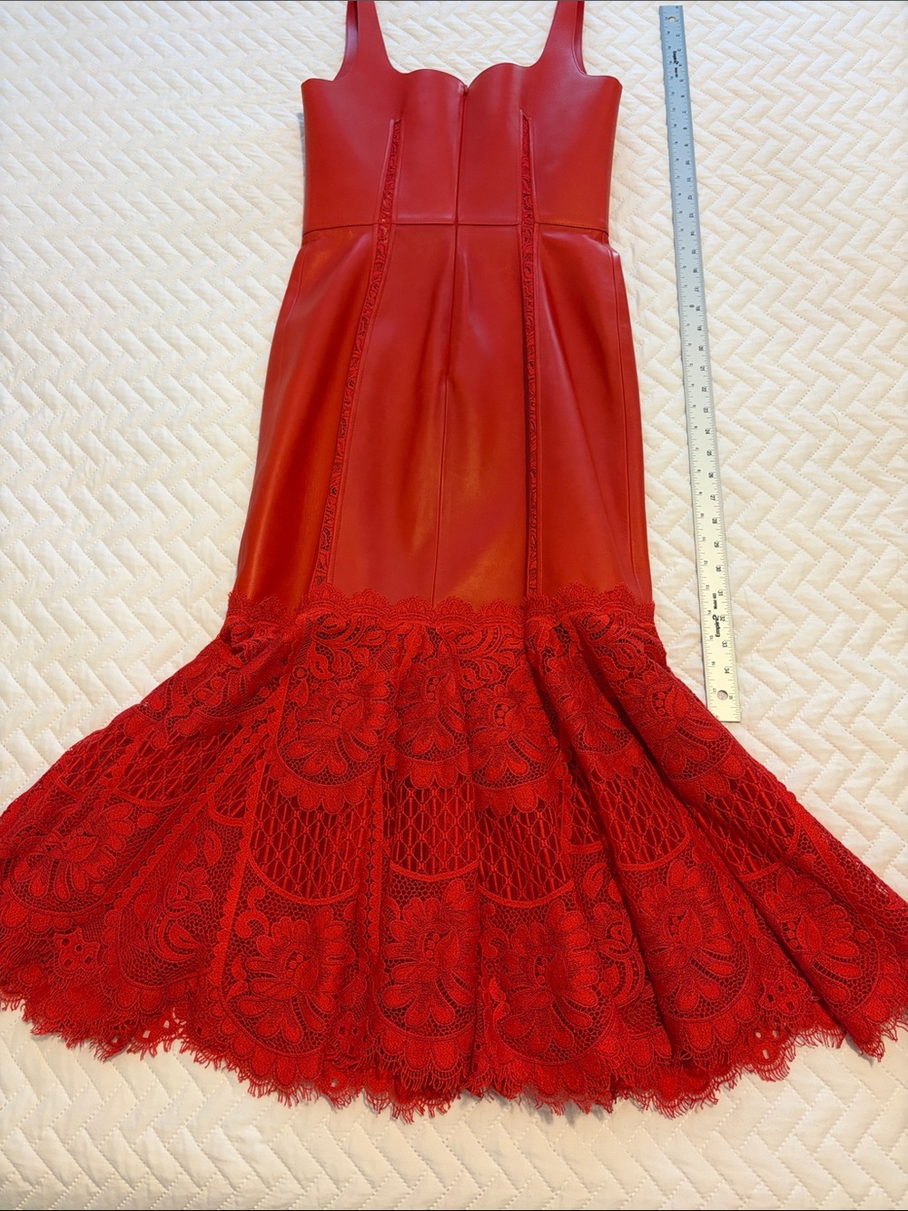 Alexander McQueen Lust Red Lace-Hem Leather Midi Dress - Picture 7 of 16